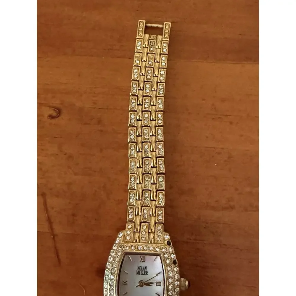 Nolan Miller Glamour Collection Crystal Gold Tone Bracelet Watch Mother Of Pearl